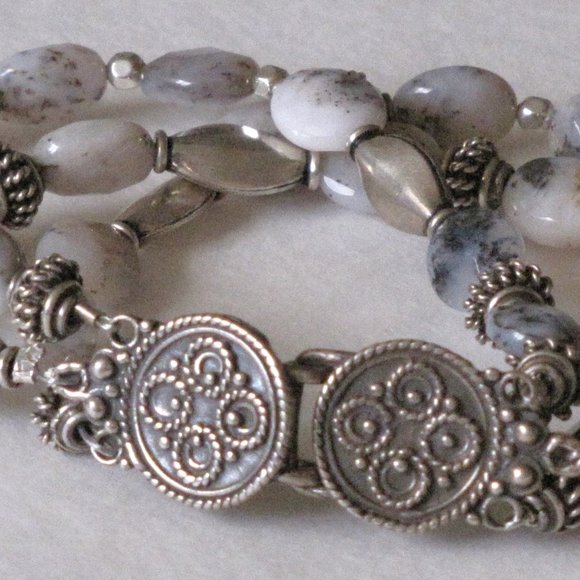 NWT 7" Pink Opal & Bali Silver Triple-Stranded Artisan Bracelet - Picture 5 of 9